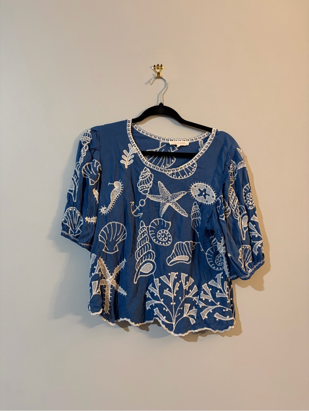 Solitaire Blue Embroidered Seashell Peasant Top